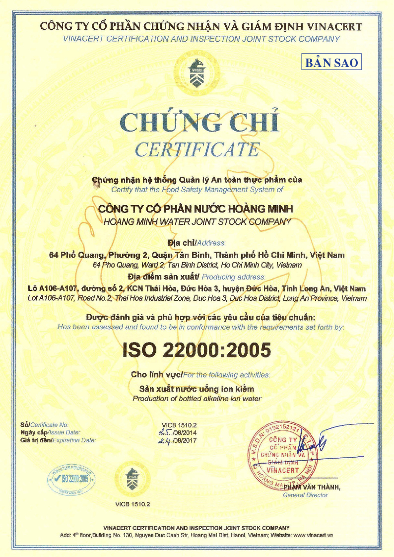 Chứng chỉ ISO 22000:2005 Sản xuất nước uống Ion kiềm